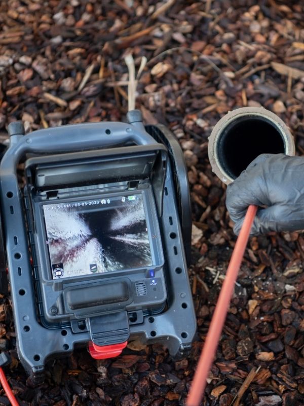 A plumber checking a sewer line with a camera.