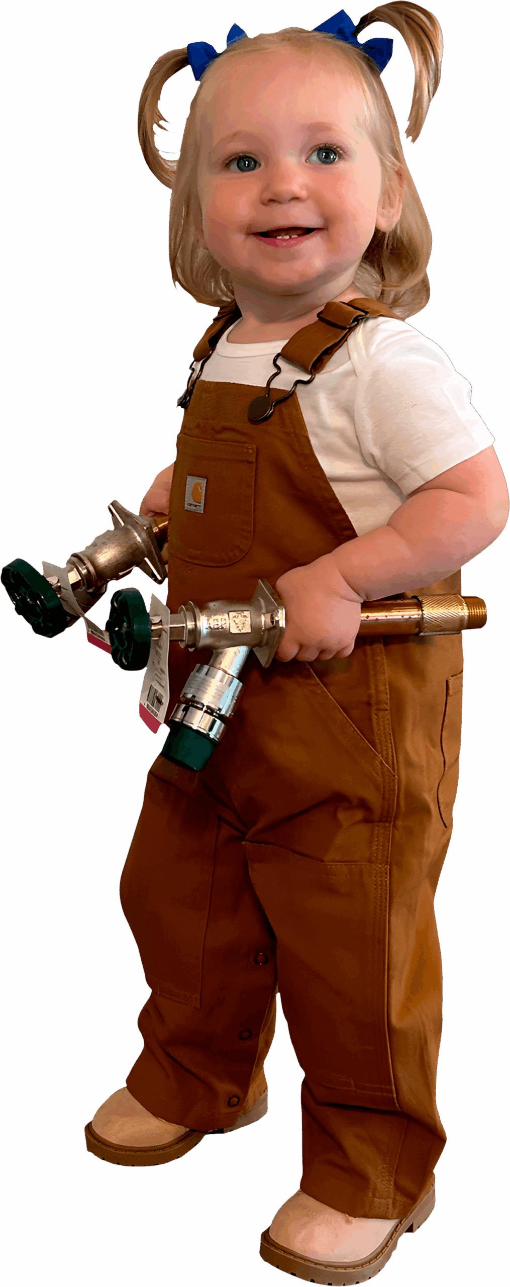 a young girl holding plumbing valves