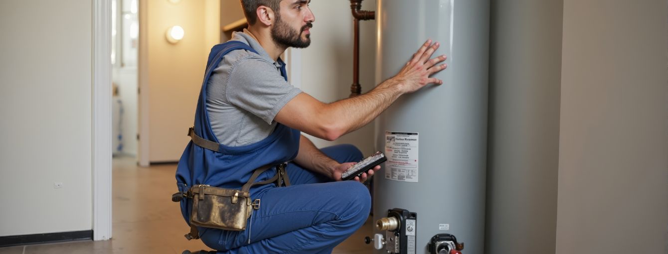 A plumber installing a water heater. 