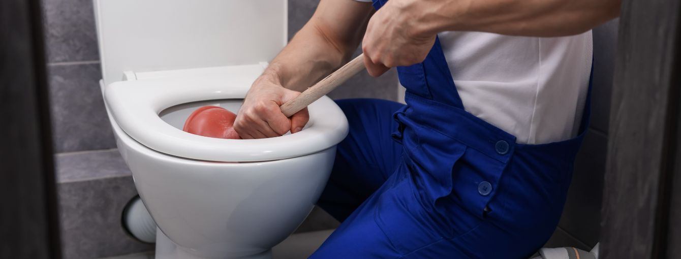 A plumber unclogging a toilet. 