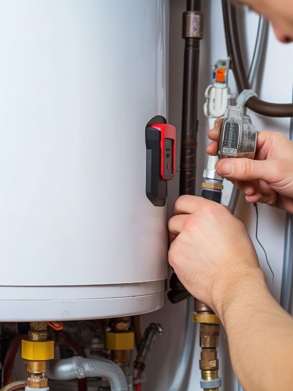 A plumber working on a water heater. 