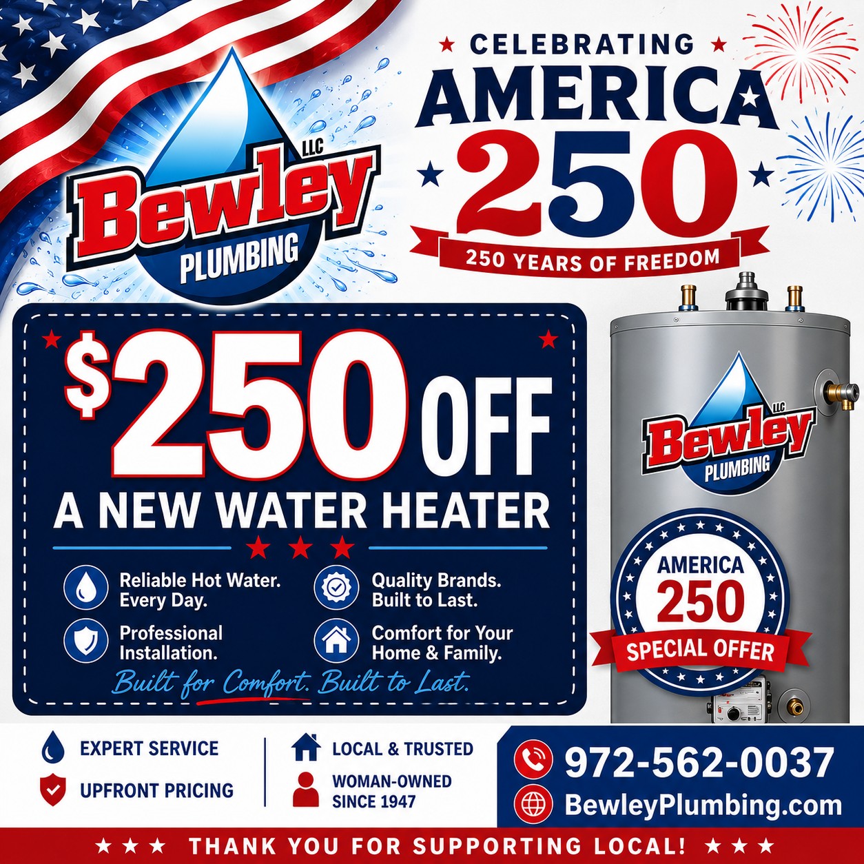 $250 off a new water heater coupon from Bewley Plumbing