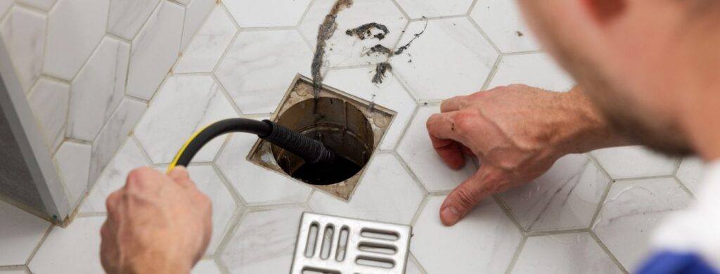 A plumber performing rooter services on a shower drain.